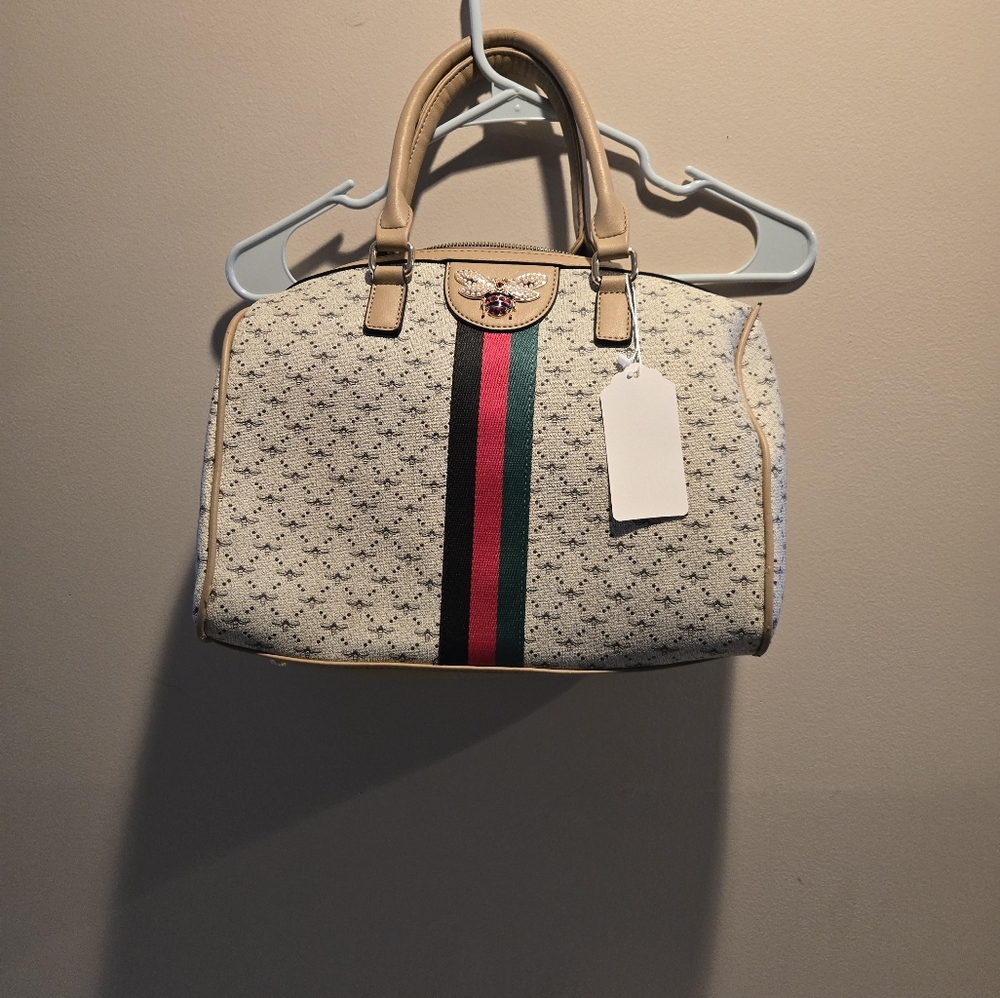 Elegant Cream and Green Designer Handbag